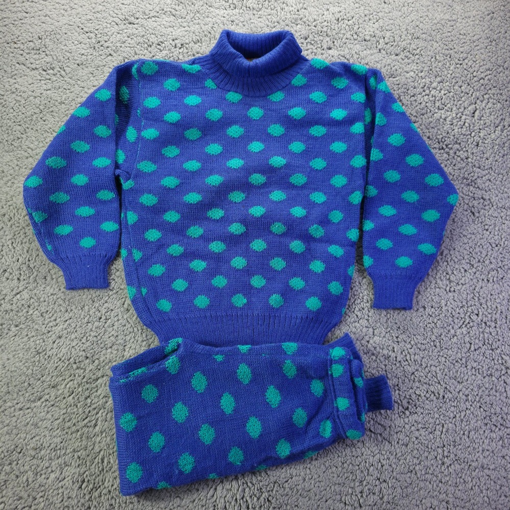 Vintage Marese France Kids Blue Teal Polka Dot Knit Sweater Pants Set Size 6A